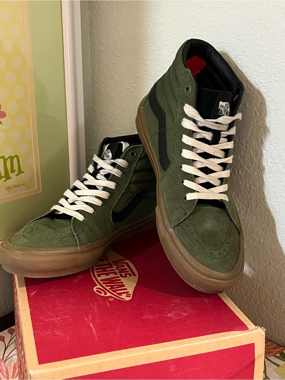 Vans Olive Green Suede High-Top Sneakers with Black Stripe 7.5